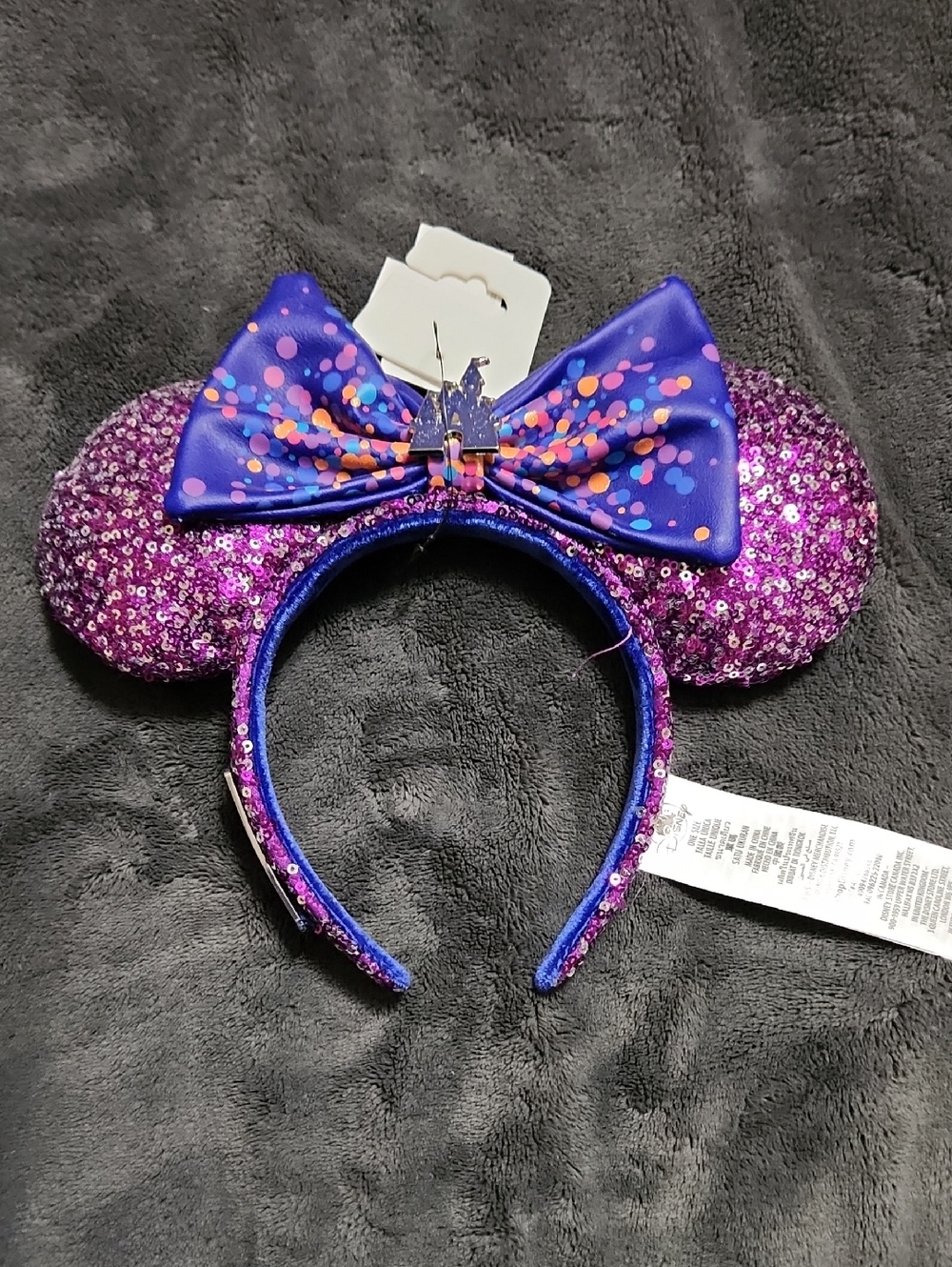 Disney Purple Sequin Minnie Ears Headband with Blue Bow